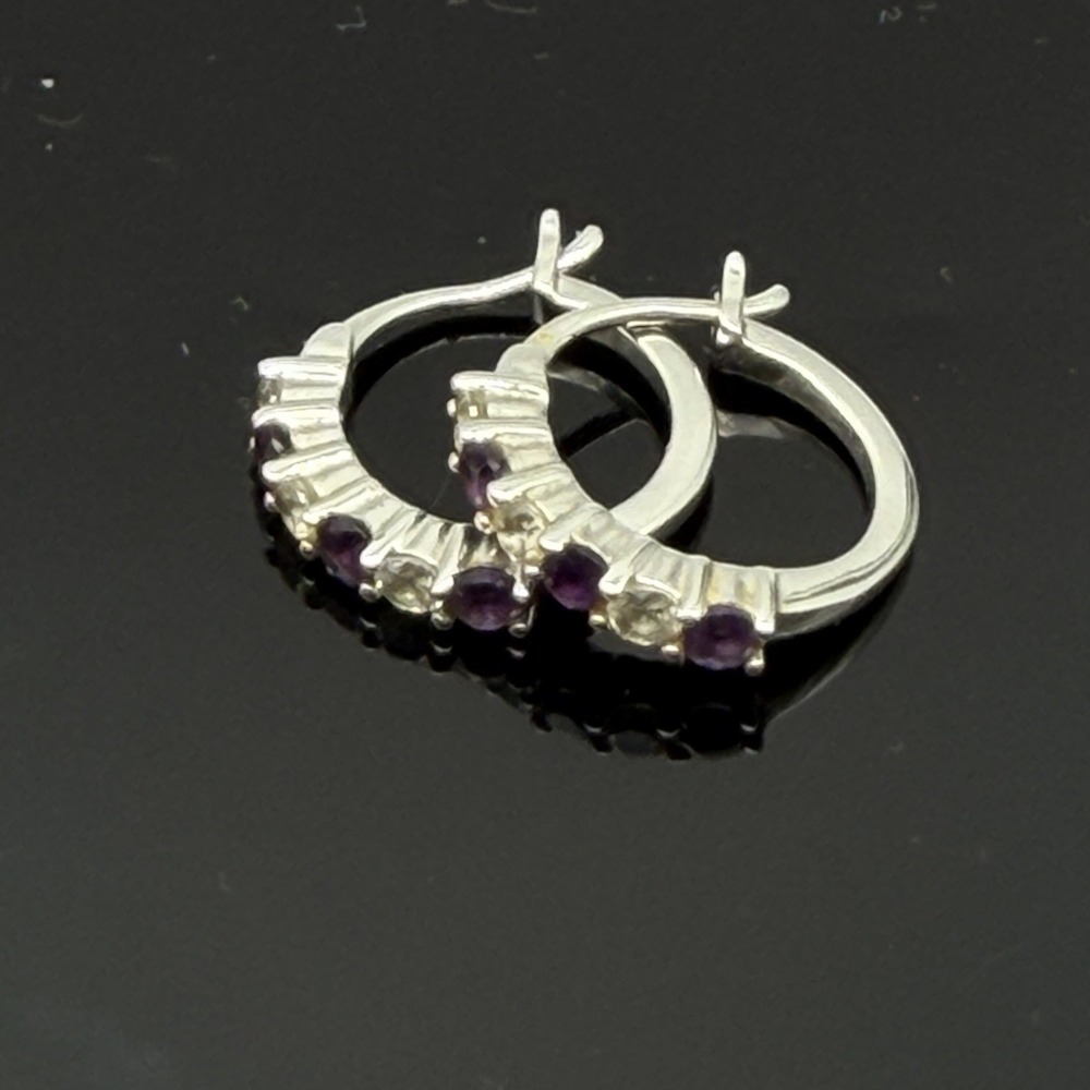 Sterling Silver Purple and White Cubic Zirconia CZ Hoop Earrings 5/8"